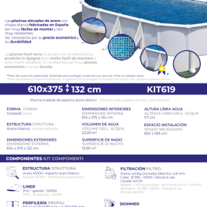 Piscina (Piscina de acero elevada) modelo KIT619 medidas: 6,10 x 3,75 x1,32 (GRE)  ESPECIAL SAT OFICIAL